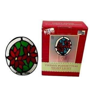 Christmas Tiffany Poinsettias Night Light Glass Holiday Red/Green EUC